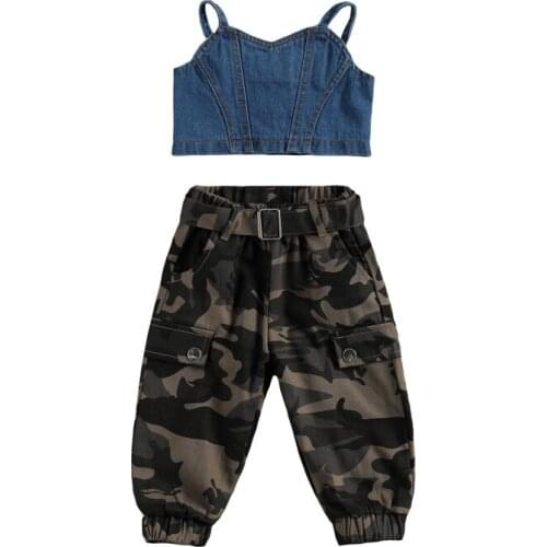 1-6Y Baby Girl Summer Clothing Sets Fashion Button Down Denim Crop Tank Tops + Camouflage Pants Kids Girls Clothes