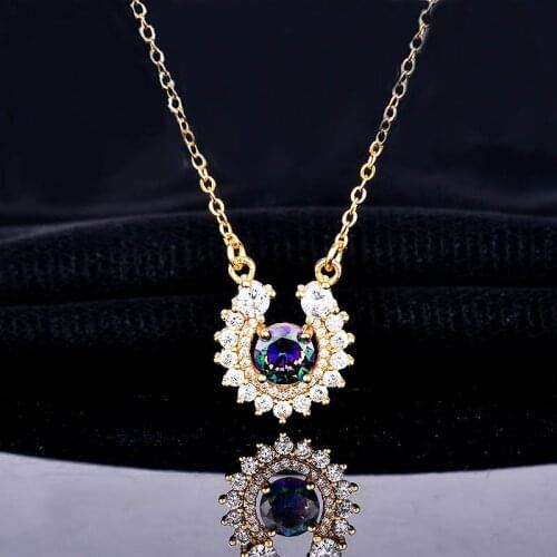 QTT Luxury 925 Sterling Silver Gold Color Mystic Stone Pendant Necklace for Women Long Chian Choker Wedding Jewelry Gift