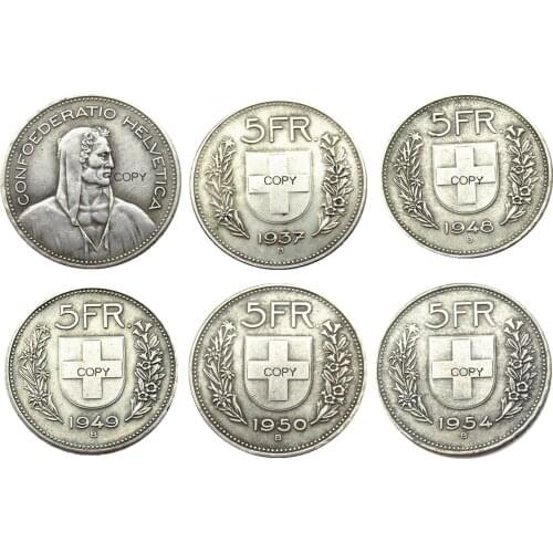 Switzerland 5Frs 1937-1954 5PCS Nickel/Silver Plated Creative Copy Coin