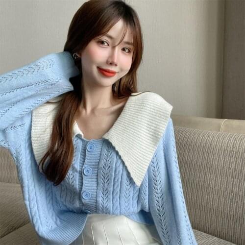 Blue Fall 2021 Women Cardigan Spring Autumn Peter Pan Collar Korean Fashion Female Clothing Knitted Loose Sweaters Casual