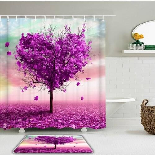 Purple Love Tree Shower Curtain Set Pink Leaves Fabric Waterproof Bathroom Curtains Toilet Non-slip Mat Bath Floor Mat Decor