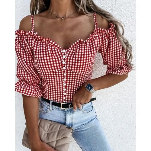 2021 Spring Autumn Cold Shoulder Plaid Print Frill Hem Top Loose Casual Womens Blouse Ladies Shirt Daily Wear