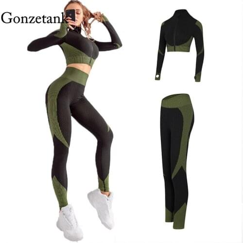Women Leggings Gym 2 Piece Sets Workout Long Sleeve High Waist Tight Buttock Sports Pants Fitness Running Yoga Athletic Trousers