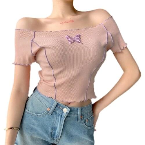 Women Butterfly Embroider Top Sexy Off Shoulder T-Shirts Woman Short Sleeve Summer Crop Top Line Slim Short Tees Ropa Mujer