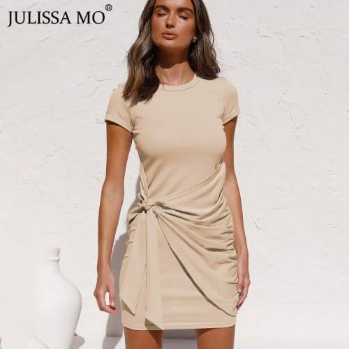 Julissa Mo Ruched Causal Women Summer Dress Short Sleeve Turn Down Collar Mini Dresses Soild Homewear Vestidos For Party New
