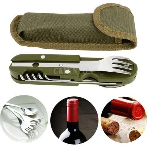 50Pcs/Lot Army Green Folding Portable Stainless Steel Camping Picnic Cutlery Fork Spoon Bottle Opener Tableware Travel Kit Pouch