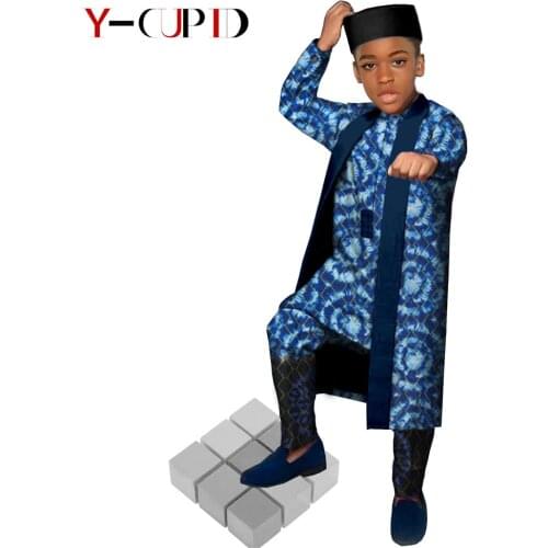 African Clothes for Kids Boys 4 Pieces Sets Print Tee Matching Pants Long Vest Cap Bzin Riche African Children Clothing Y214003