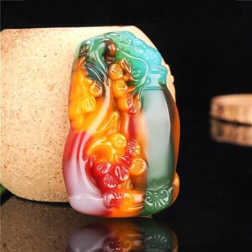 Plum Blossom Vase Color Jade Pendant Necklace Chinese Hand-Carved Natural Charm Jewelry Flower Amulet Fashion for Men Women Gift