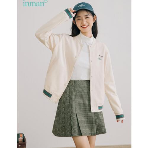 INMAN Womens Coat Autumn Winter Young Cute Style Color Comtrast Cuffs Hem Loose Baseball Uniform Top