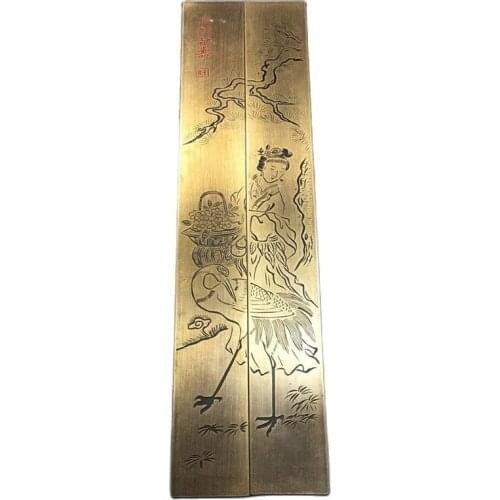 Chinese old Beijing brass carving “Ma Gu Xian Shou” painting Paperweight pair