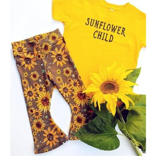 1-6Years Fashion Children Girls Summer Clothes Outfits Letter Print Short Sleeve T-shirts Tops+Sunflower Flare Pants 2PCS Sets
