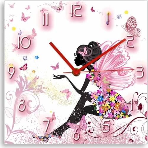 Flower Fairy with Butterflies Square Wall Clock For Girls Bedroom Fairy Tale Pink Home Decor Quiet Movement Wall Watch For Her