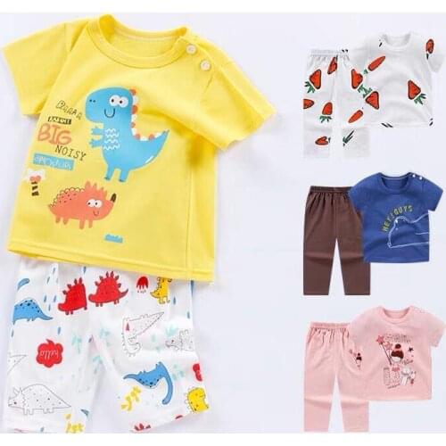 Summer Childrens Air Conditioning Suit Cotton Baby Short Sleeve T-shirt Pants Home Clothes Sets Baby Boys Girls Pajamas 2pcs