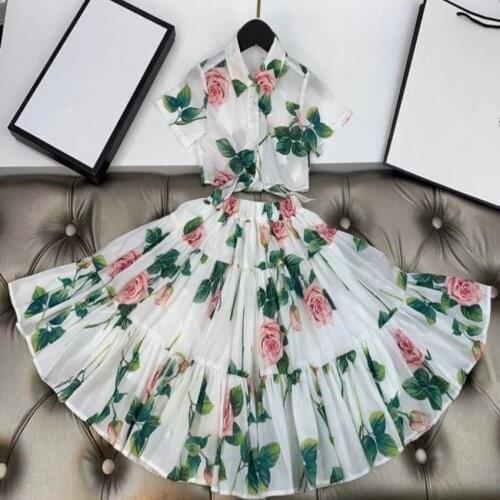 Baby Girl Summer Vintage Printed chiffon shirt+Flower Skirt Kids Two Piece Sets