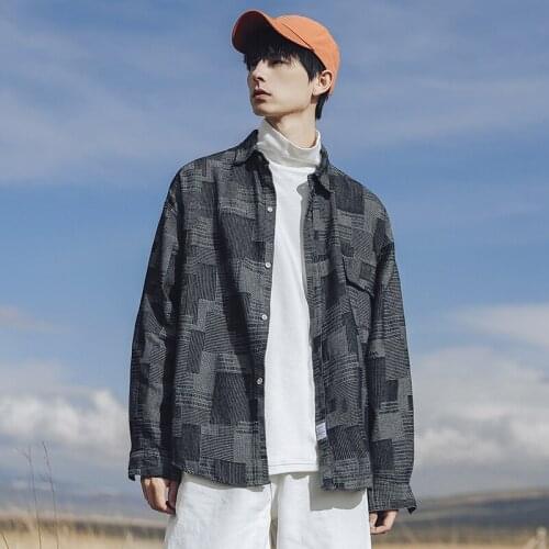Mens Plaid Long Sleeve Shirt Korean Autumn Loose Trendy Casual Retro All-Matching Work Clothes Shirt Coat black shirt