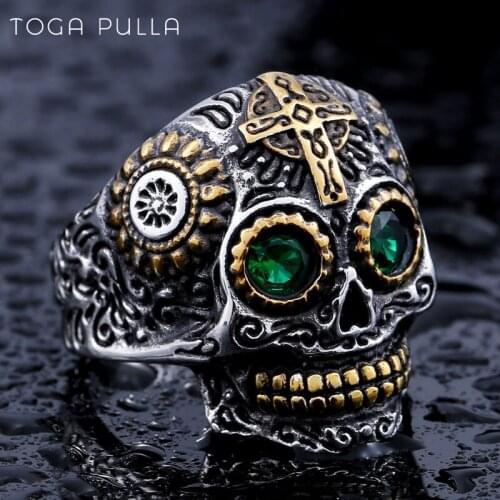 Vintage Gothic Gold Skull Ring Mens 316L Stainless Steel Punk Biker Ring Male Hiphop Rock Jewelry Unique Fashion Gift for Men
