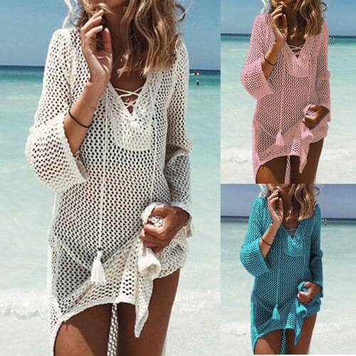 Cover Up Long Sleeve Mesh Knitted Crochet Beach Tunics Bikini Sarong Wrap Swimwear Women Summer Swimsuit V Neck Cover Up