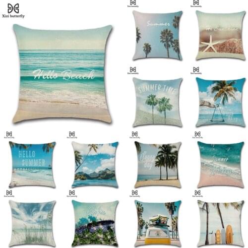 NEW Tropical Beach Blue Cushion Covers Soft Linen Palm Print Pillows Cover Decorative Livingroom Sofa Couch Throw Pillows Case