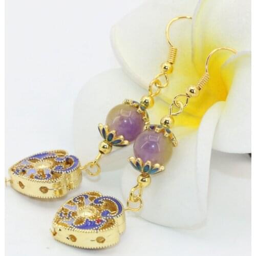Charms Gold-color Heart Cloisonne Exquisite Carved Colorful Stone Dangle Earrings for Weddings Party Long Earrings Gifts B2617