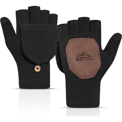 Gloves Autumn and Winter Half-finger Knitted Gloves, Mens Leather Thickening and Velvet Warmth, Student Flipping Gloves