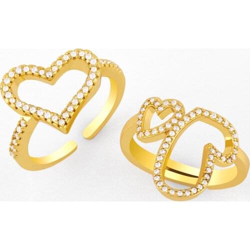 FLOLA Gold Vermeil Heart Open Cuff Rings Adjustable White Stone Finger Ring CZ Wholesale Jewelry Valentines Day Gifts rigk50