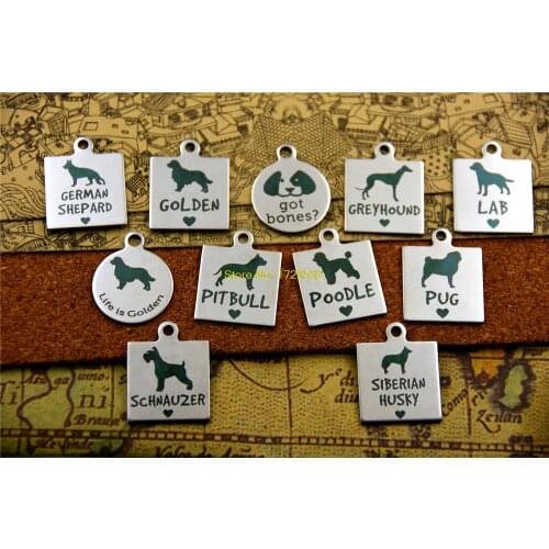 10pcs--stainless steel charms "german shepard/golden/got bones/greyhound/LAB/golden/pitbull/poodle/pug/schnauzer/siberian husky"