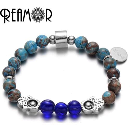 REAMOR Blue Decorative Pattern Natural Stone Strand Bracelets With Stainless Steel Fatimas Hand Femme Handmade Beads Bracelet