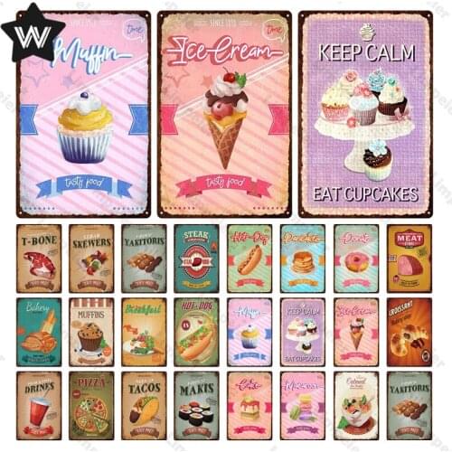 Vintage Coffee Dessert Metal Sign Cupcake Wall Sticker Tasty Food Tinplate Metal Decor Ice Cream Metal Plaque for Shop Bar Decor