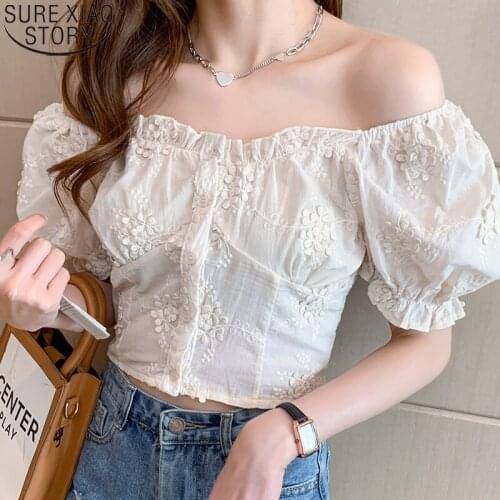 2021 Summer Blouse Women Apricot Shirts Sexy Off Shoulder New Short Sleeve Blouses Embroidered Tops Ladies Blusas Clothes 14407