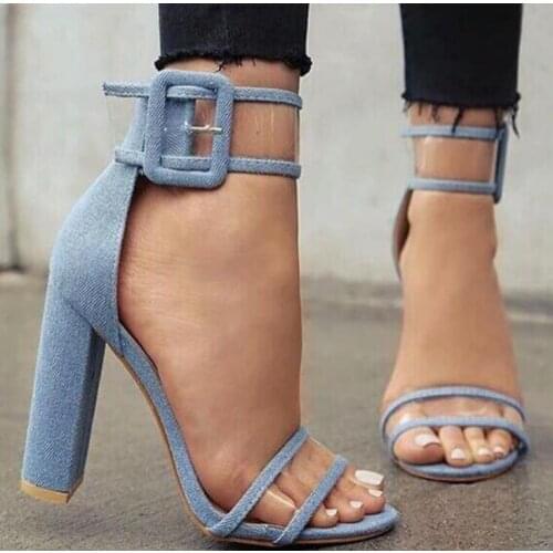 Women Blue Demin High Heel Sandal Transparent Clear PVC Ankle Strap Sandals Ladies Black Summer Chunky Heels