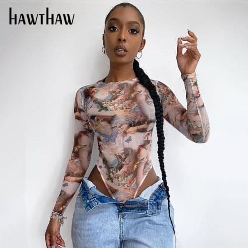 HAWTHAW women autumn winter long sleeve fashion printed slim skinny one piece bodysuit romper clothes 2020 fall clothes O neck
