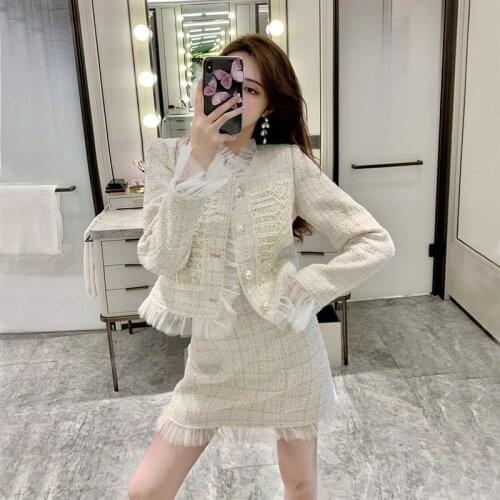 Pearls Tweed Jackets Coat + High Waist Mini Skirts Set Mesh Patchwork Office Lady Two Piece Set Elegant Outfits Tracksuit C755
