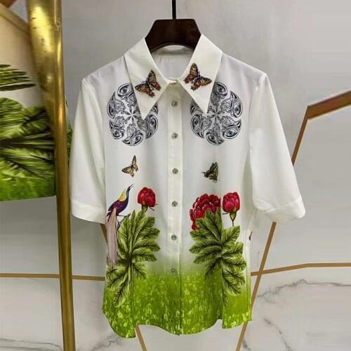 Summer Women Beach 2021 Runway Fashion Short Sleeve Blouse +Irregular Skirt Animal Flower Print Ladies Sets