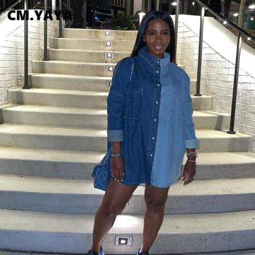 CM.YAYA Women Denim Coat Patchwork Full Sleeve Single Breasted Turn-down Collar Loose Long Coats Fashion Streetwear Autumn 2021
