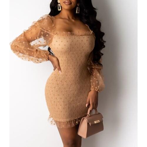 Fashion Women Sexy Mesh Puff Long Sleeve Bodycon Mini Dress Elegant Ruffles Bandage Party Club Ladies Dresses Streetwear