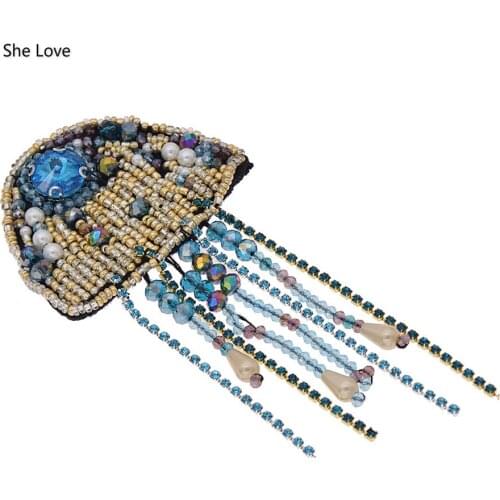 Chzimade 1Pcs/lot Colorful Rhinestone Jellyfish Beads Patches Sewing On Clothing Bags Shoes Sea Animal Appliques Diy Accessories