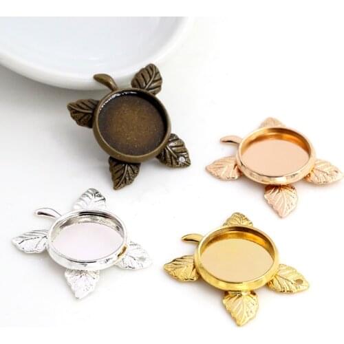10pcs 12mm Inner Size 4 Colors Plated Brass Material Leaf Style Cabochon Base Cameo Setting Charms Pendant Tray