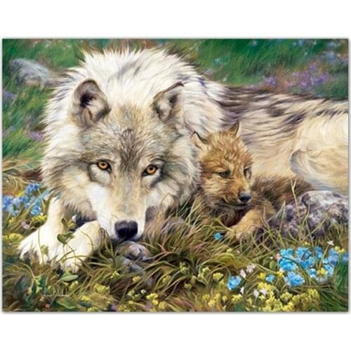 5D Round drill diamond Painting Wolf and cub DIY Full Square diamond embroidery mosaic Decoration painting
