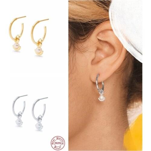 GS 925 Sterling Silver New Pearl Beads Pendant Drop Earring Luxury Opening Circle Pendiente Round Loops For Women Fine Jewelry