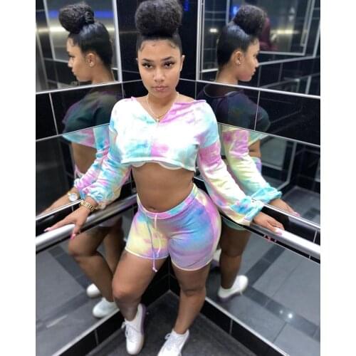 BKLD New Tie Dye Two Piece Woman Outfits Festival Clothing Long Sleeve Crop Top And Biker Shorts Women Tracksuit 2 Piece Set