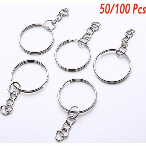 50/100Pcs Split Ring with Short Chain Key Rings Key Chains Women Men Polished Silver Color 25mm DIY Keyring Keychain
