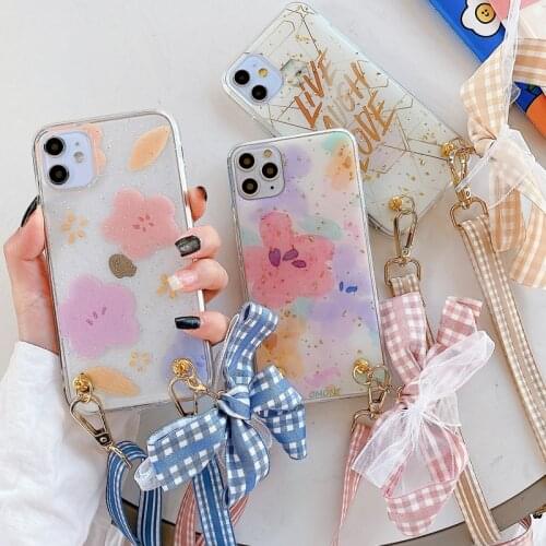 Epoxy Glitter Sequins Phone Case for iPhone 12 Mini 11 Pro XS Max XR 7 8 Plus Fashion Flower Hanging Rope Crossbody Strap Cover