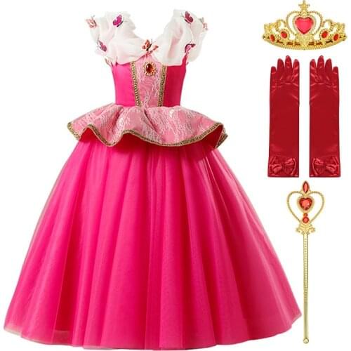 Girls Sleeping Beauty Princess Costume Floor Length Aurora Fancy Dress Up Party Gown Children Butterfly Deluxe Pageant Clothes
