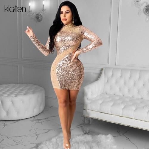 KLALIEN Fashion Elegant Party Shiny Sexy Patchwork Mini Dress New Autumn Long Sleeve Turtleneck Office Lady Slim Wild Dress