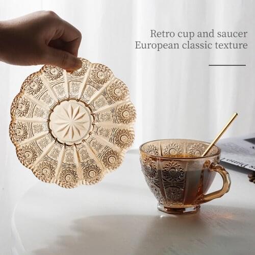 New Retro Embossed Coffee Cup and Saucer Nordic Ins Cafe Latte Cup Glass Tea Cup Set Classic Series Mug China Glass Set