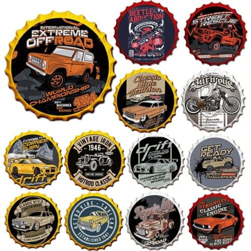 Motor Racing Car Metal Crafts Beer Bottle Cap Tin Sign Vintage Round Plate Hanging Crafts Bar Garage Home Decor Wall Metal Signs