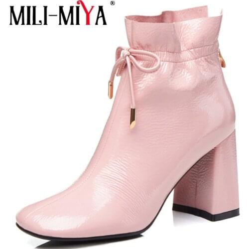 MILI-MIYA Patent Leather Ankle Boots Square Heels Butterfly-Knot Warm Short Plush Zipper High Quality Handmade Big Size 41