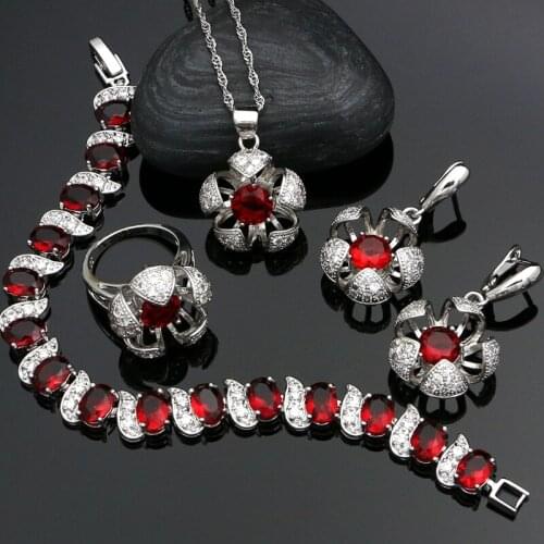 Mystic Silver 925 Jewelry Natural Red Stones White CZ Beads Bridal Jewelry Sets For Women Wedding Earrings Ring Necklace Set