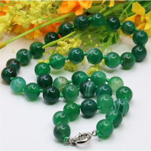 Fashion Classic Natural Stone Green Stripe Agates 8/10/12mm Round Beads Chain Necklace Women Jewelry Accessory Gift 18inch Y766