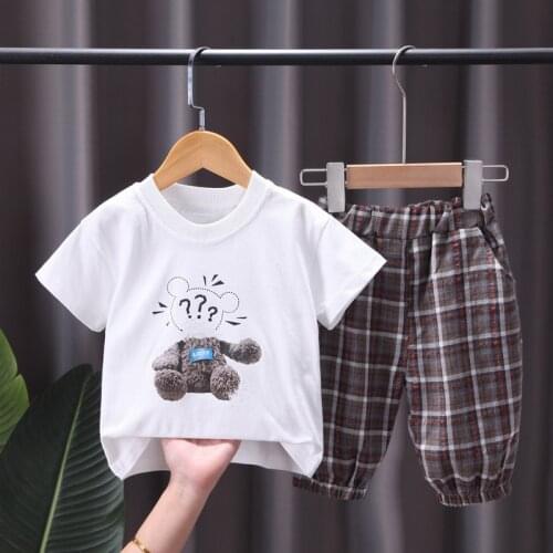 New Baby Boys Casual Clothing Sets 2021 Summer Toddler Girls Cartoon Bear T-Shirt+plaid Pants2-piece Fashion Children Clothing